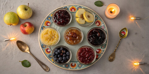 6 different bowls of jam for tasting with tea