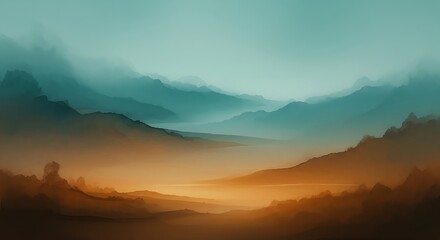 Obraz premium Ethereal mountain landscape with golden hues and misty peaks