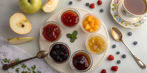 6 different bowls of jam for tasting with tea