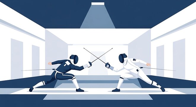 Two fencers in black and white uniforms engaged in a sword duel in a modern, stylized hall. - Powered by Adobe