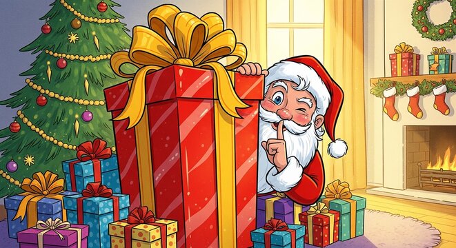 Santa Claus peeking from behind a giant gift, surrounded by presents