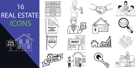 Set of 16 real estate icons, property and housing concept, minimalist line art, isolated on white background.