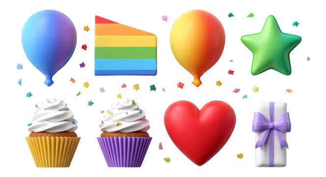 Colorful Watercolor Balloons, Cupcakes, Stars, and Gift Box for Celebrations and Events