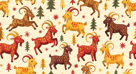 Fototapeta premium Seamless pattern featuring whimsical cartoon goats in various colors and poses, interspersed with festive Christmas trees and star shapes on a light beige background, creating a playful holiday design