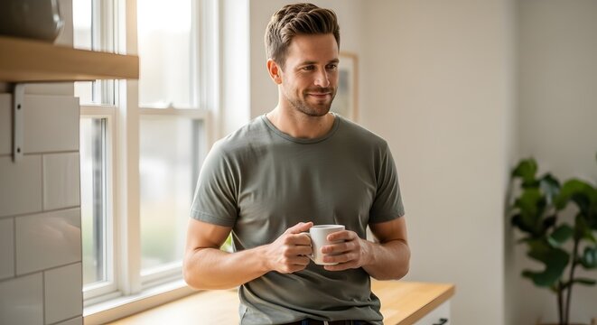 Attractive man enjoying a quiet moment with coffee at home thoughtful and relaxed