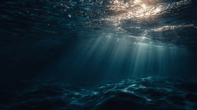 An underwater view of sunbeams piercing through the water, with the ocean waves. The sunlight creates an ethereal and mysterious atmosphere
