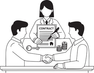 Business people signing contract and shaking hands, agreement concept, minimalist line art, isolated on white background.
