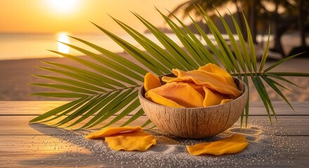 Obraz premium Sun-Kissed Mango Slices Offer a Tropical Treat Beside The Palm Leaf At Sunset