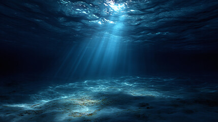 Captivating underwater scene, with sunlight filtering through the deep blue ocean water. The seabed is visible, creating a serene and mysterious atmosphere