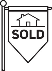 “SOLD” real estate sign with house icon, property transaction concept, minimalist line art, isolated on white background.