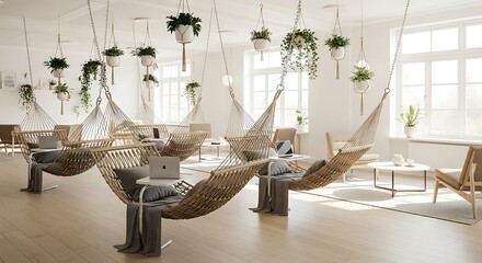 Serene Biophilic Office: Hammock Workstations, Laptops, and Abundant Hanging Greenery in a Bright Modern Space
