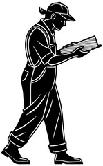 Silhouette of Rural Worker Reading Newspaper While Walking &ndash; Vector Illustration