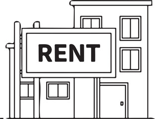 Building with “RENT” sign, rental property concept, minimalist line art, isolated on white background.