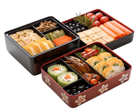 Traditional Japanese Osechi Ryori in Decorative Bento Boxes, Festive New Year’s Cuisine.