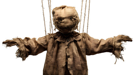 Creepy burlap scarecrow puppet with stitched face and outstretched arms hangs eerily, perfect for Halloween and horror themes