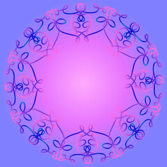 A blue and pink background with an abstract circular pattern. A beautiful frame drawn in a linear style.