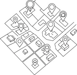 Isometric city map with location pins, real estate and property search concept, minimalist line art, isolated on white background.