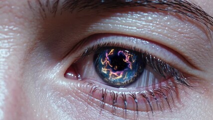 Closeup eye with glowing iris. Pupil holds nebula swirl and electric light. Eyelash and eyelid frame cornea and sclera detail. Macro gaze feels surreal and futuristic. Reflection adds cosmic vision. - Powered by Adobe