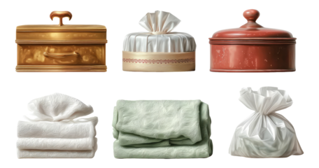 Detailed Collection of Isolated Decorative Boxes and Textiles on Transparent Background