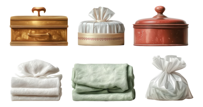 Detailed Collection of Isolated Decorative Boxes and Textiles on Transparent Background