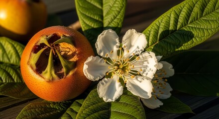 Stunning Medlar Fruit Blossom Displayed With Fresh Green Leaves in Sunlight Focus