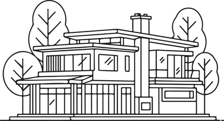 Modern house with flat roof and large windows, architectural design concept, minimalist line art, isolated on white background.