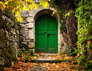 Aged stone archway with green door and autumn leaves