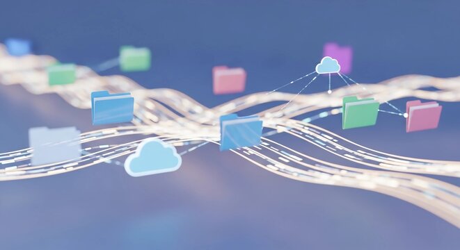 Soft glowing holographic streams of data flowing gently through a serene digital space, simple folder icons floating effortlessly, subtle cloud connections in pastel blues, evoking calm digital organi
