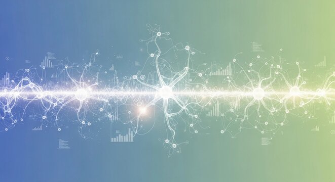 Delicate neural network patterns weaving through abstract data nodes, soft light pulses highlighting information flow, airy business management elements without clutter, soothing gradient backgrounds 
