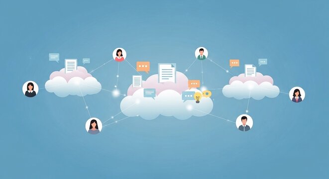 Serene floating clouds cradling collaborative icons like shared notes and video links, soft light beams connecting team avatars in a peaceful sky, evoking effortless remote teamwork and creativity