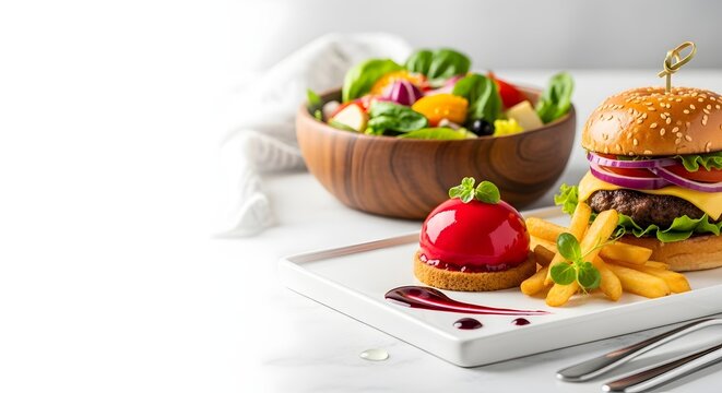 Delicious gourmet meal of hamburger salad and dessert on white background offering healthy and tasty choices