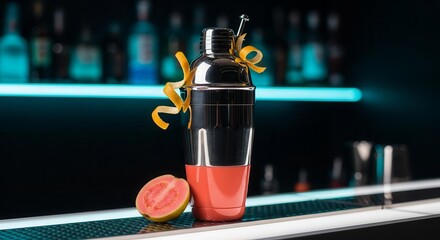 Stylish Cocktail Shaker With Guava and Citrus Garnish Presents Refreshing Drink Concept