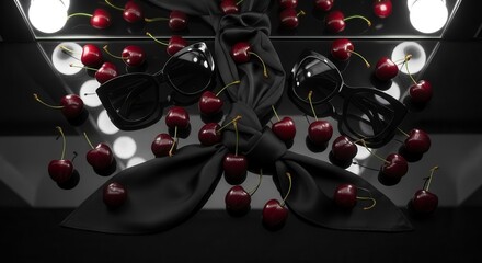 Stylish Sunglasses And Ripe Cherries Arranged On Black Reflective Surface