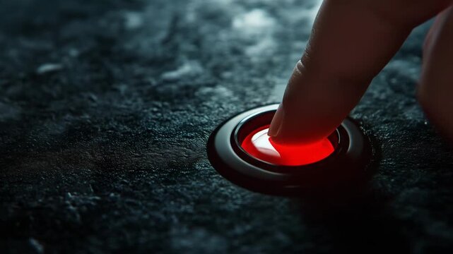 A finger activates a bright red button on a textured dark surface, illuminating the area with a subtle glow
