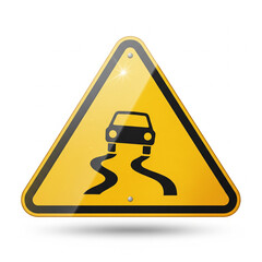 Yellow triangular warning sign with skidding car symbol. Alerts drivers to slippery road conditions, urging caution on wet, icy, or loose surfaces for better road safety