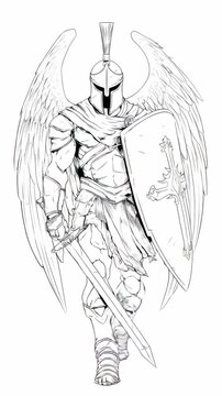 Warrior angel in detailed armor walks confidently with sword and shield in a fantasy setting depicting strength and valor