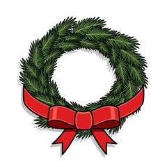 Realistic Christmas wreath with red bow, green pine decor