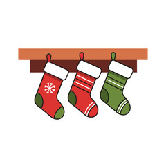 Hanging Christmas stockings on wooden beam, flat illustration