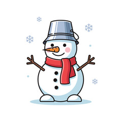 Cheerful cartoon snowman with red scarf and bucket hat, Christmas scene