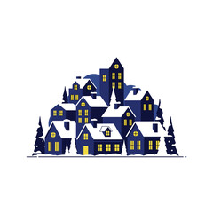 Snow-covered Christmas village at night in flat illustration style