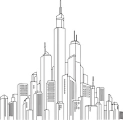 City skyline with skyscrapers, urban architecture concept, minimalist line art, isolated on white background.