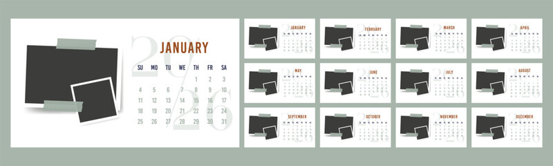2026 year english calendar set of template monthly horizontal pages. Blank photo frame collage design planner week starts on Sunday. 