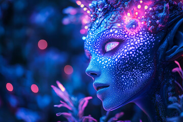 Generative AI portrait of glowing blue alien humanoid with textured skin and cosmic eyes in a futuristic sci fi atmosphere