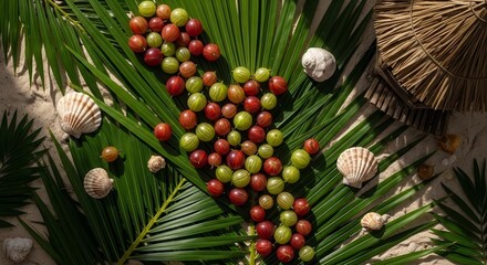 Summer Arrangement Featuring Gooseberries, Seashells, And Palm Fronds on Sandy Terrain