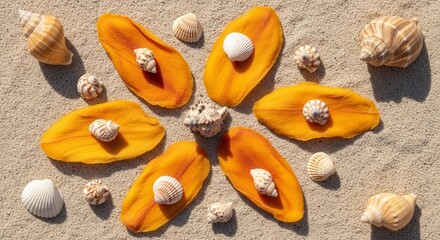 Summer Beach Arrangement: Mango Slices Adorned with Seashells on Sandy Surface