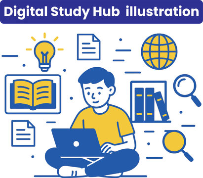 Digital Study Hub Illustration Modern Online Learning Platform with Students Books Laptop and Virtual Education Environment for Knowledge Sharing and E Learning Concept