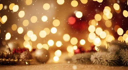 Elegant Christmas Background with Golden Lights and Snow Bokeh