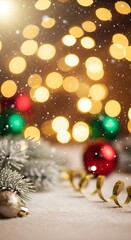 Elegant Christmas Background with Golden Lights and Snow Bokeh