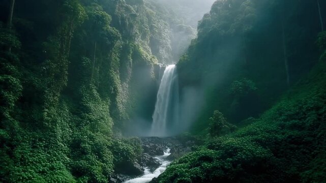 Aeral Drone View of Hidden Waterfall in Lush Tropical Rainforest with Morning Light