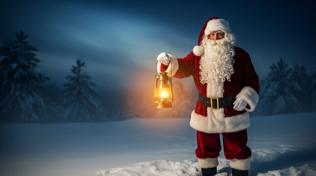 Santa Claus with a lantern in a snowy landscape - Powered by Adobe